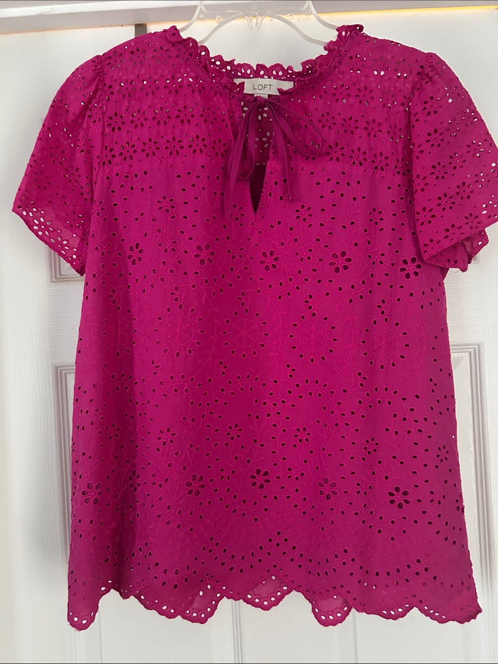 LOFT Magenta Eyelet Tie-Neck Blouse